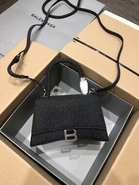 Balenciaga Hourglass Large Black Sparkle Glitter B Logo Top Handle CrossbodyBag